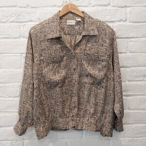 Vintage Liz Claiborne 100% Silk Blouse 14 Jacket Top Beige Brown Multicolor